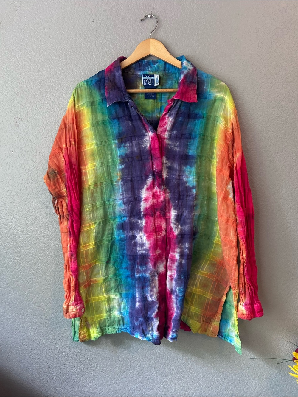 Rainbow Button-Down Shirt - Vibrant Tie-Dye Swim Coverup 100% Cotton